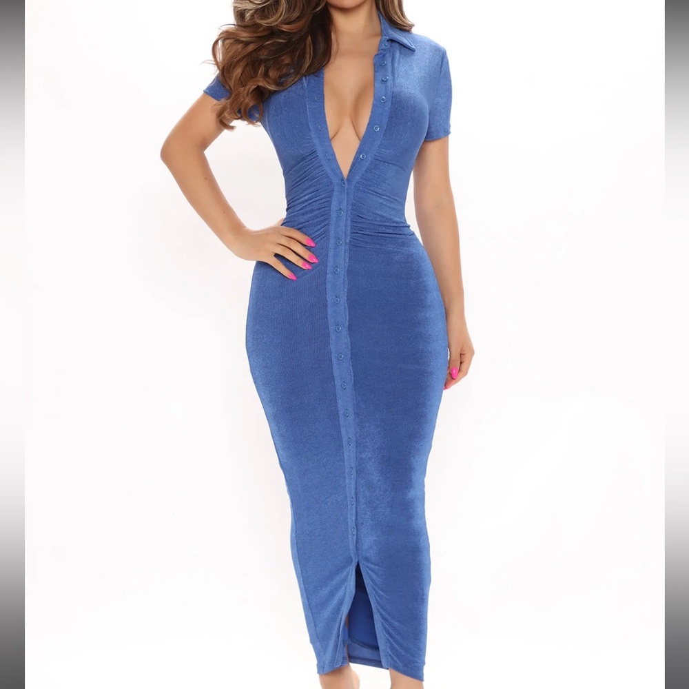 Fashion Nova Royal Blue Button-Down Maxi Dress